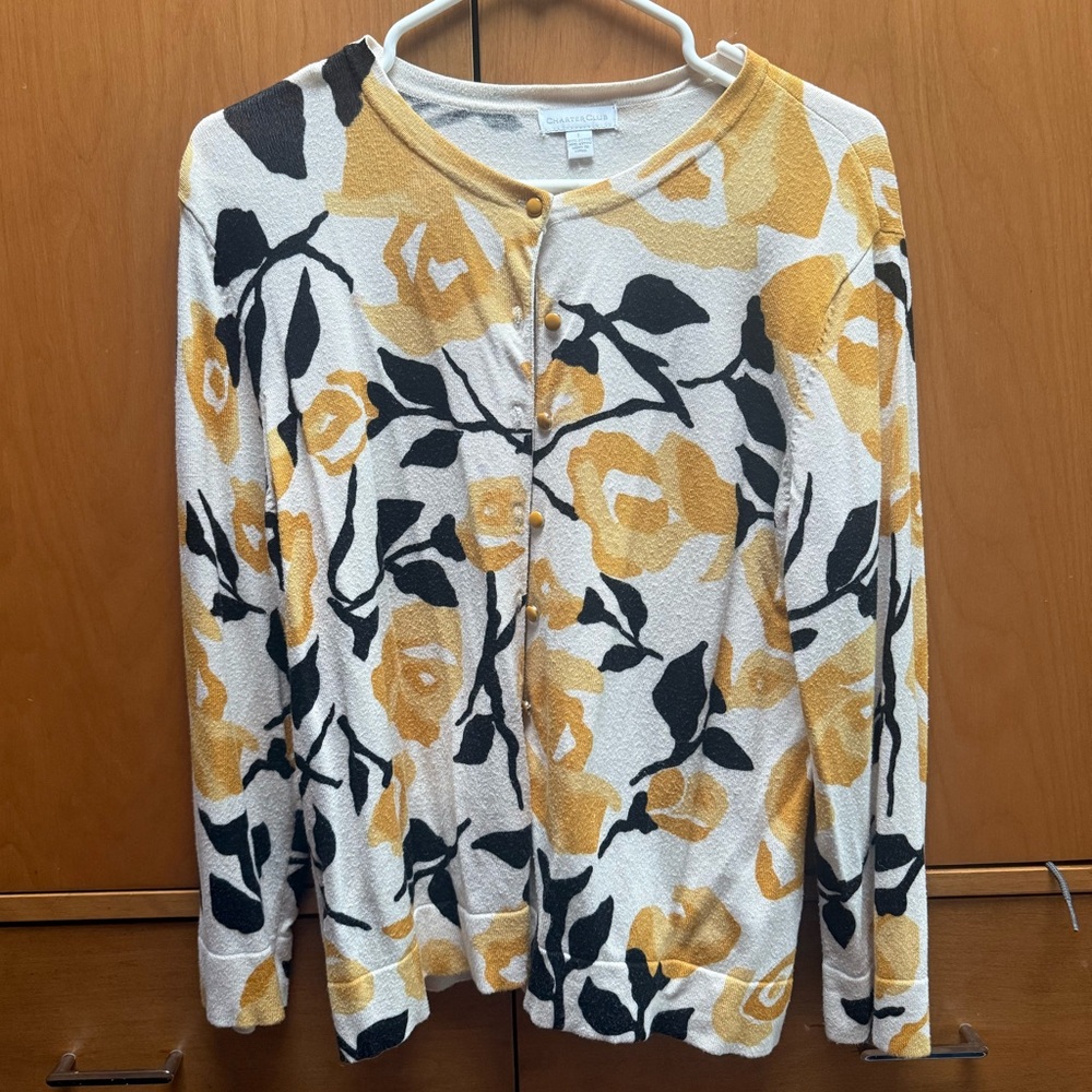 Charter Club Yellow and Black Patterned Cardigan